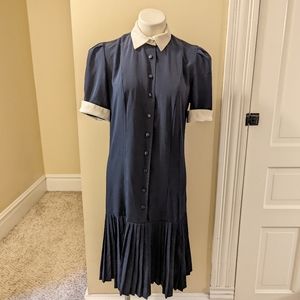 Vintage Liz Roberts navy blue and white drop waist button down dress size M